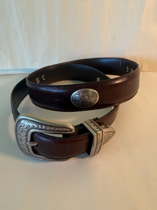 unbranded Accessories - Vintage Western Leather Belt Silver Tone Conchos Engraved Buckle Brown Boho